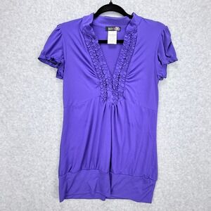 Maybe Top Women L Purple Ruffle V-Neck Short Sleeve Blouse Y2K Retro Coquette